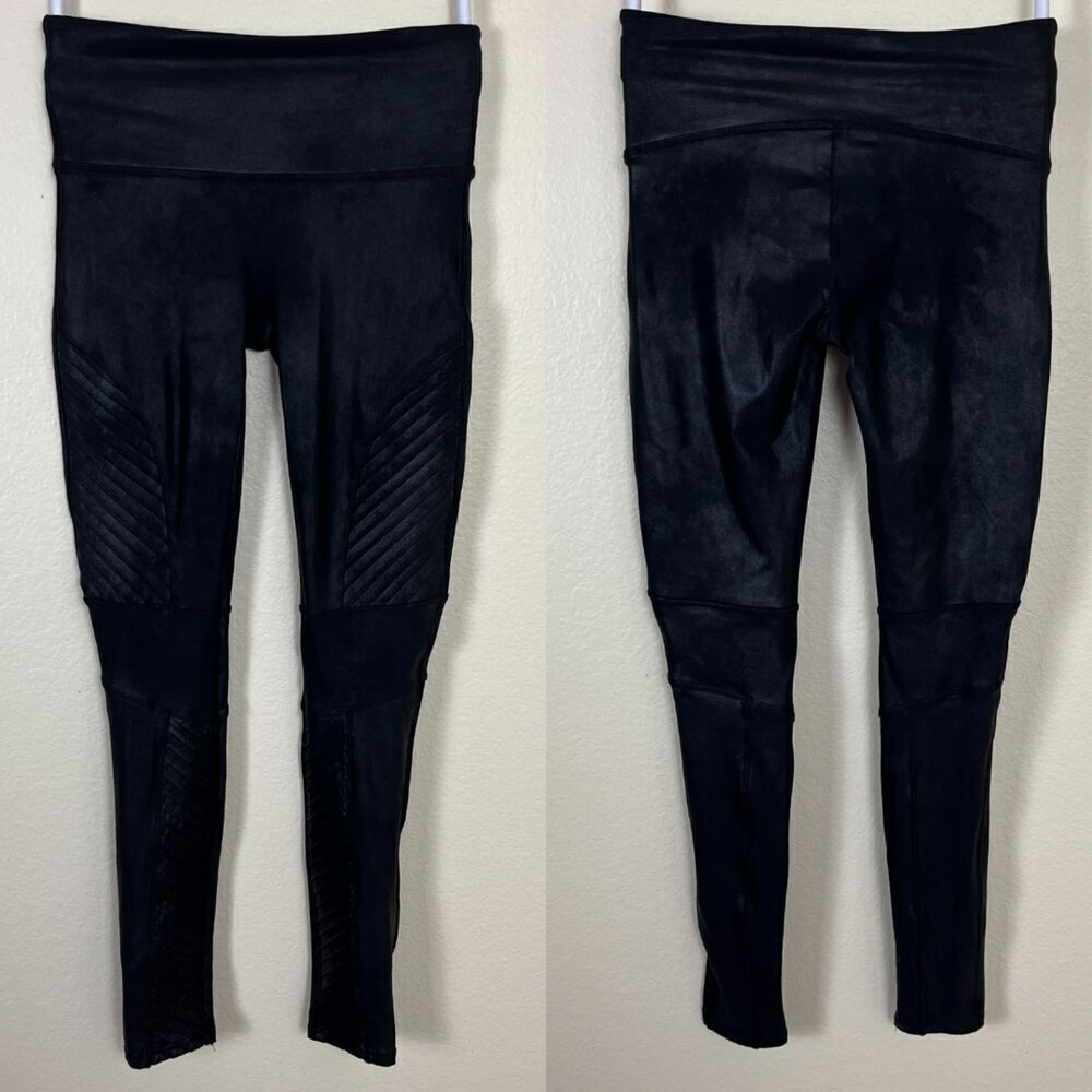Spanx Women's Size M Black Faux Leather Moto Seamless Leggings Biker Modern